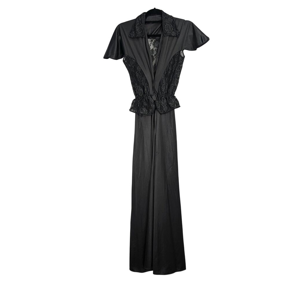 Vintage 70s Glydons Hollywood Nylon Lingerie Black Floral Lace Panel Jumpsuit Sm